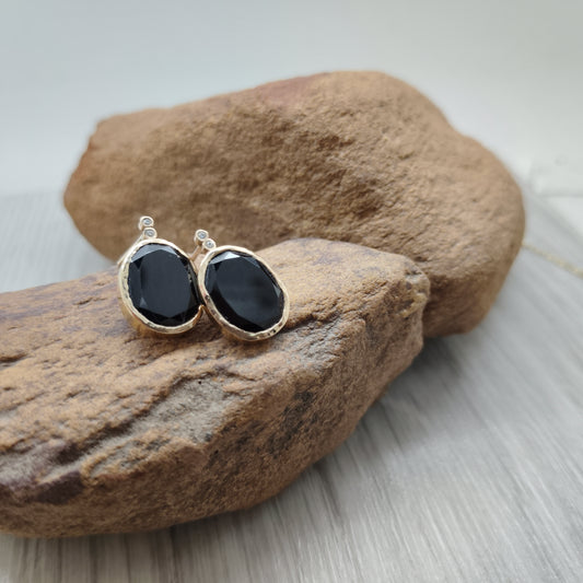 Flat Cut Black Spinel Earrings with Diamond Accents in 9ct Gold