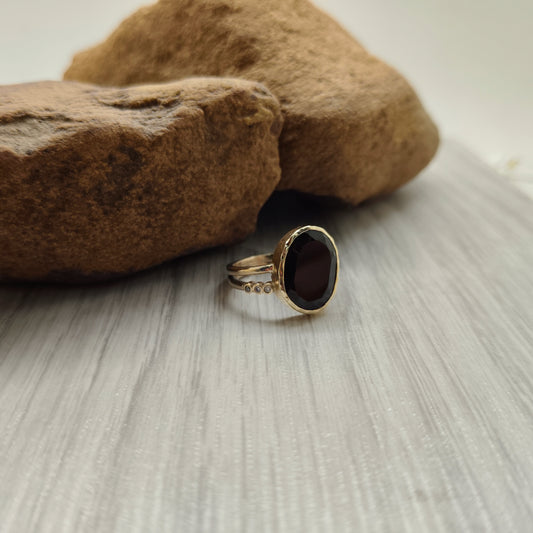 Flat Cut Black Spinel Ring with Diamond Accents in 9ct Gold