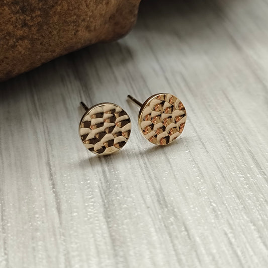 Hammered Disc Stud Earrings in Textured 9ct Yellow Gold
