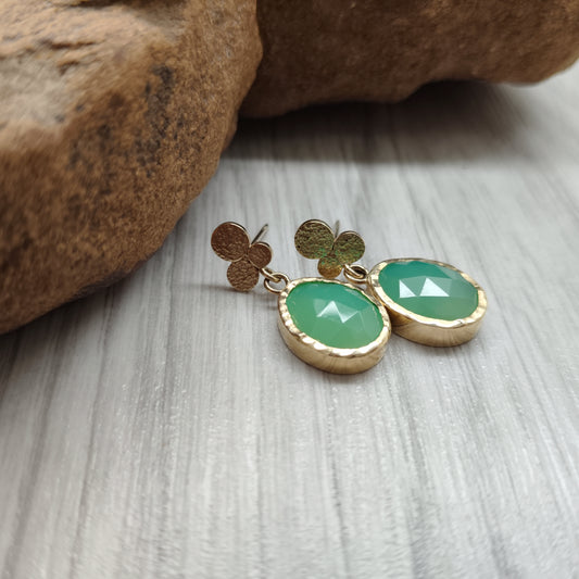Flat Cut Chrysoprase Earrings in Textured 9ct Gold